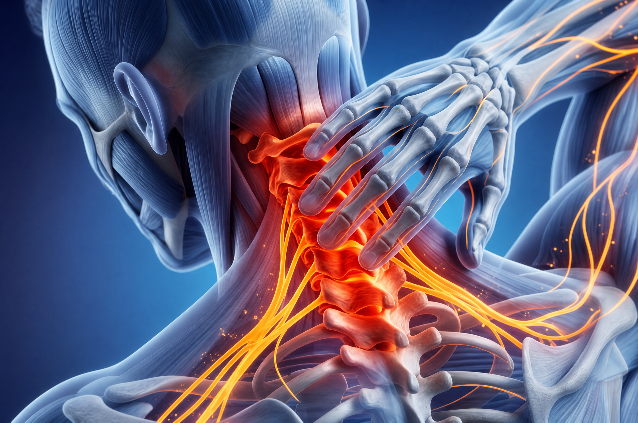 Anatomical view of the cervical spine and inflamed nerves