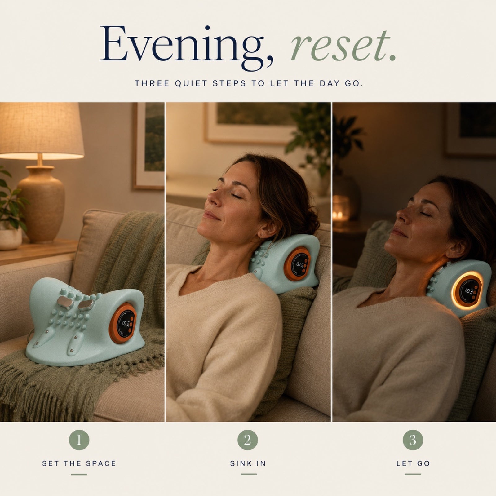 Evening, reset — three quiet steps: set the space, sink in, let go