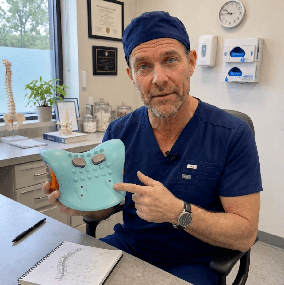 A clinician points to the Cervly Neck Massager in his treatment room