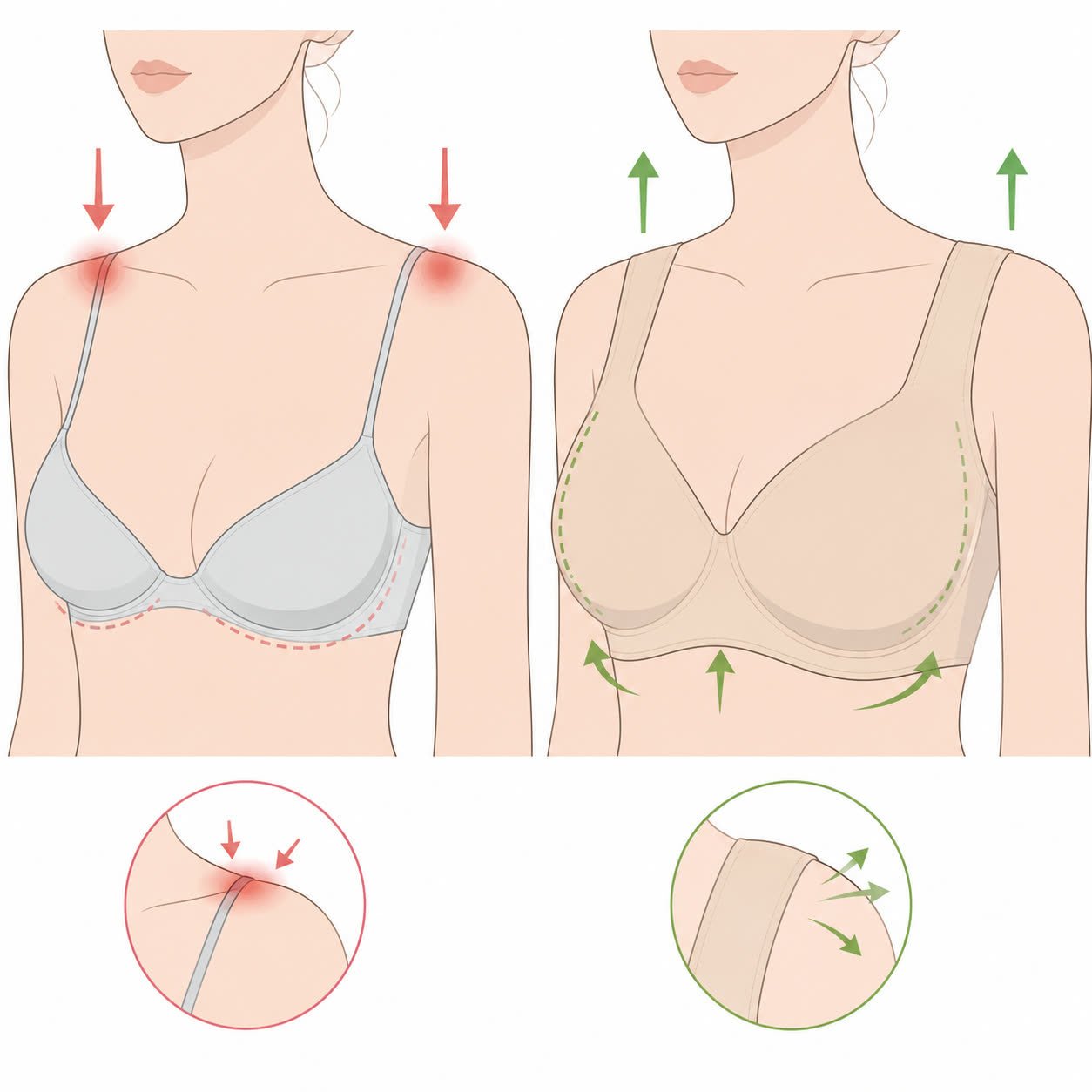 Diagram: thin straps concentrate pressure while wide straps distribute lift evenly