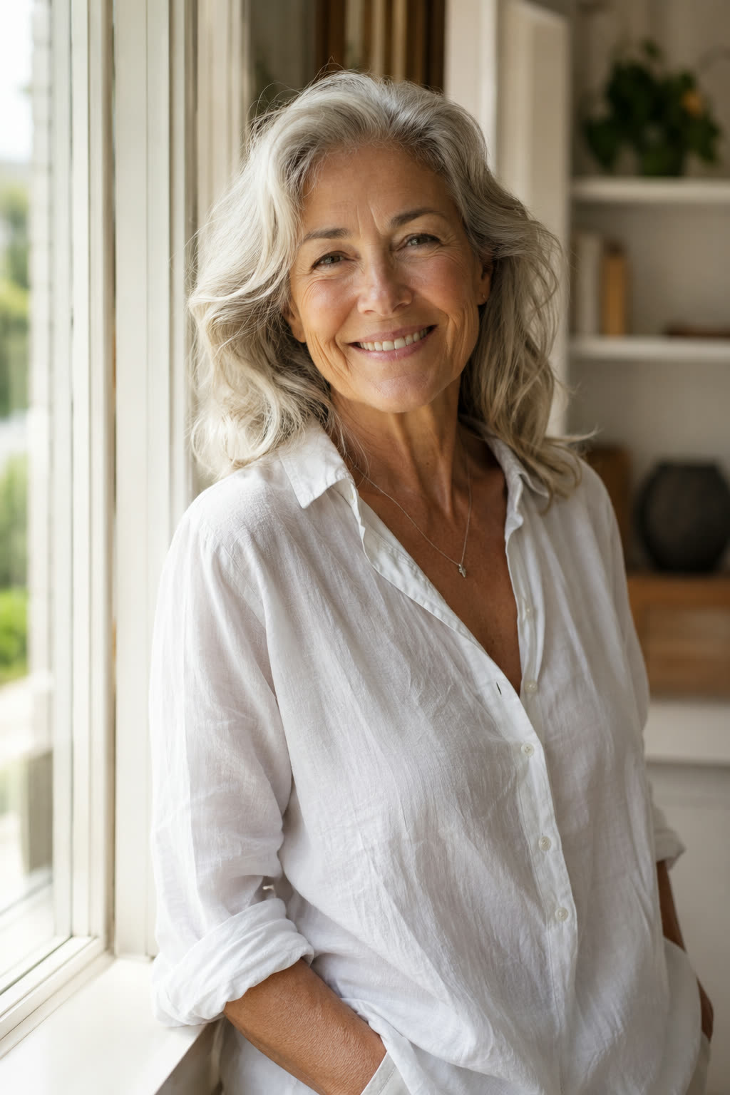 A woman in her sixties smiling by a bright window