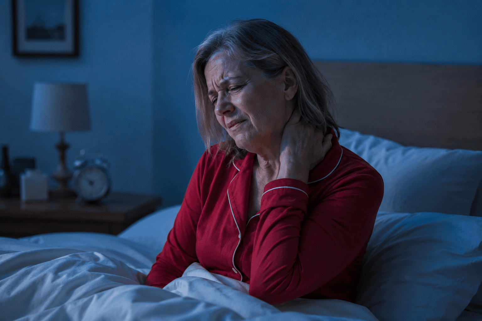 A woman sits up at night, hand pressed to her neck