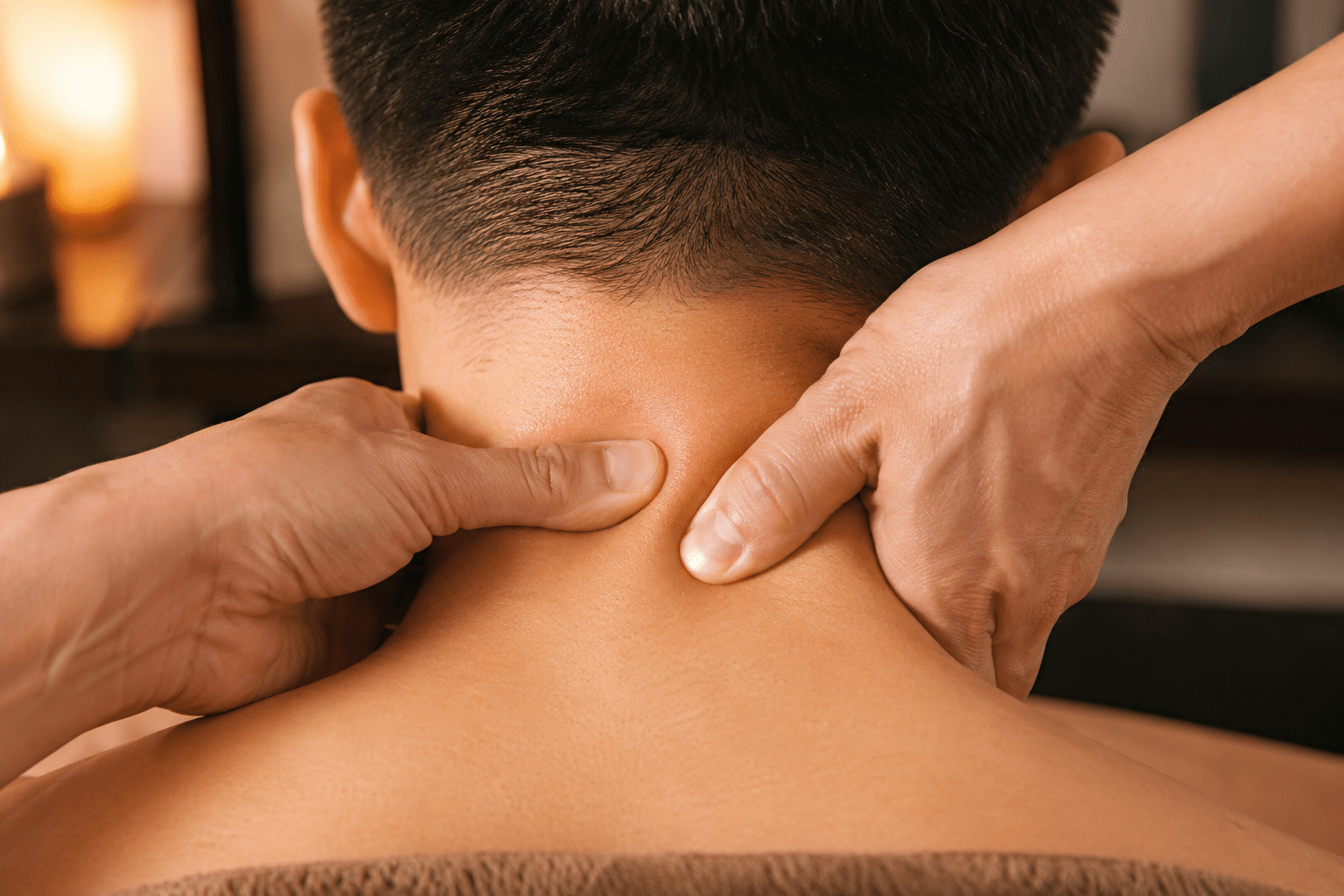 A therapist works on the surface muscles of the neck